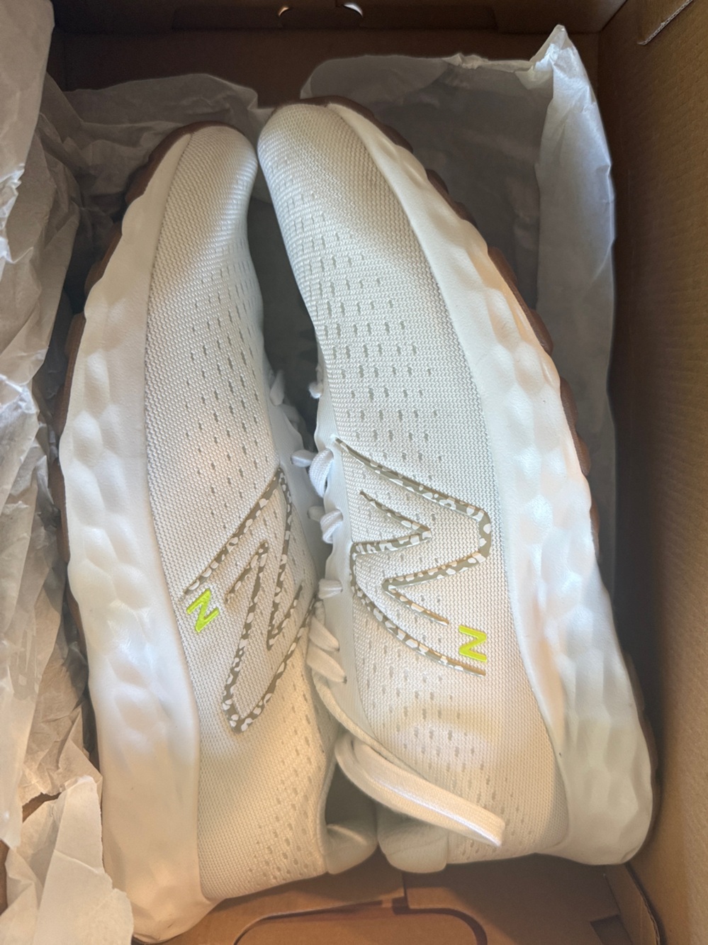 New Balance White Knit Running Sneakers with Gum Outsole and Subtle Neon Accent
